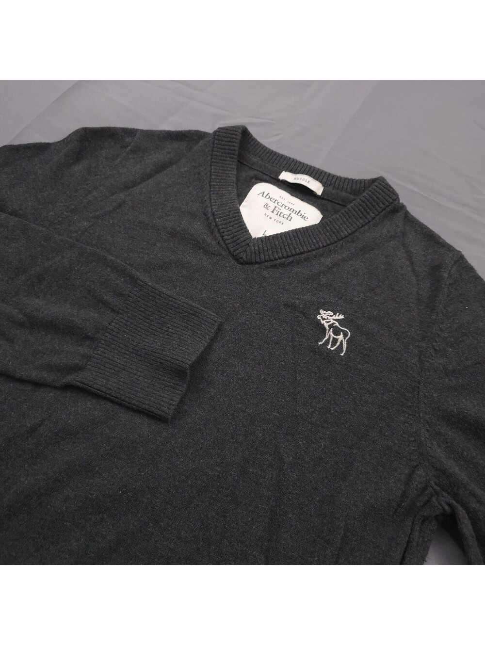 Abercrombie Fitch Men Charcoal V Neck Sweater Cashmere Wool Blend L Muscle Fit - Picture 1 of 7